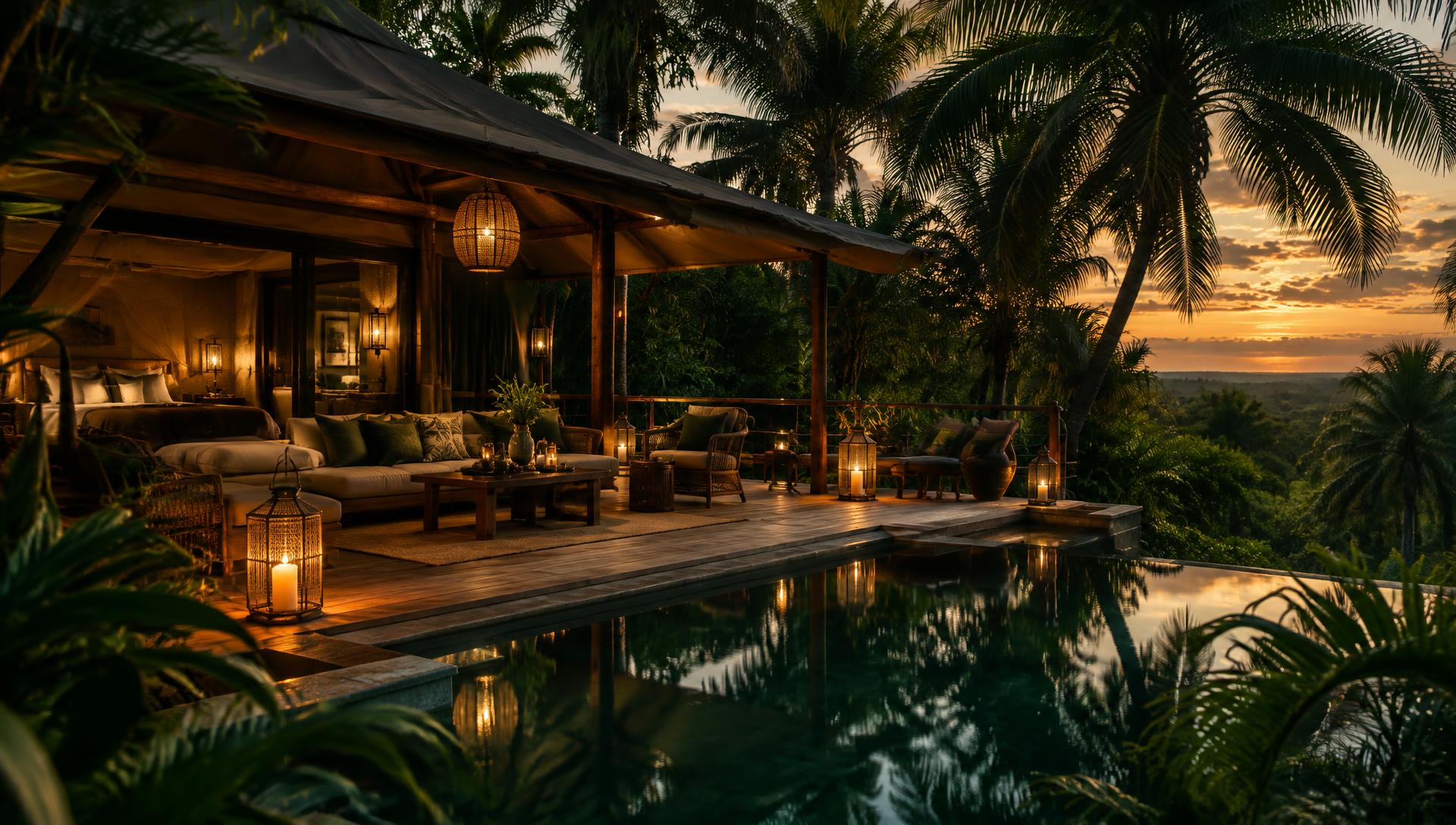 Palm River Lodge terrace at dusk